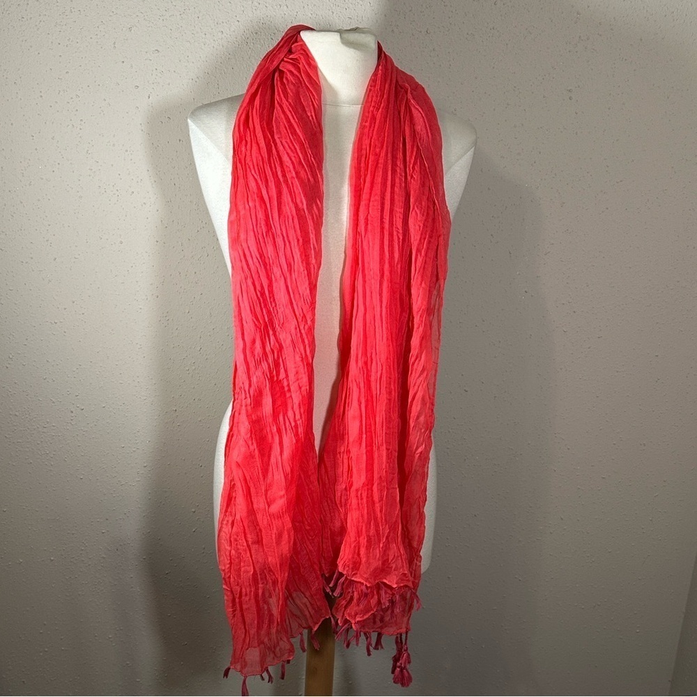 Crinkle Fashion Sheer Scarf with Tassels 36”x72” Watermelon Pink